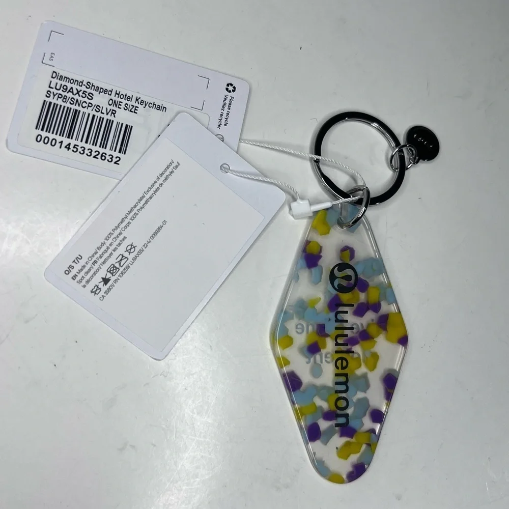 Lululemon Clear Purple Blue Yellow Diamond-Shaped Hotel Keychain New